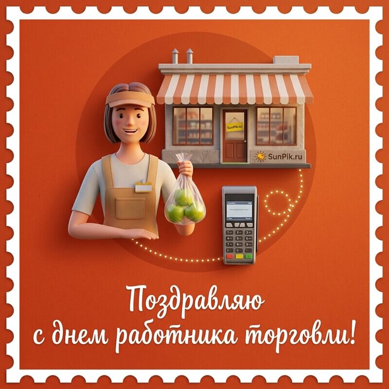 Открытка с днем работника торговли с женщиной на фоне магазина