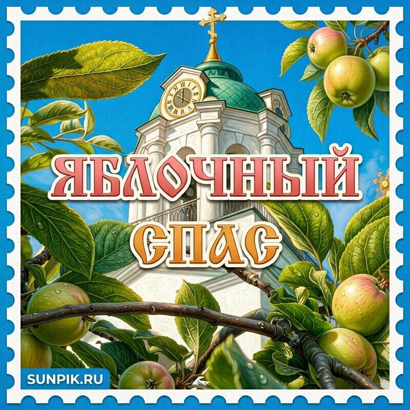 Открытка Яблочный Спас с православным храмом
