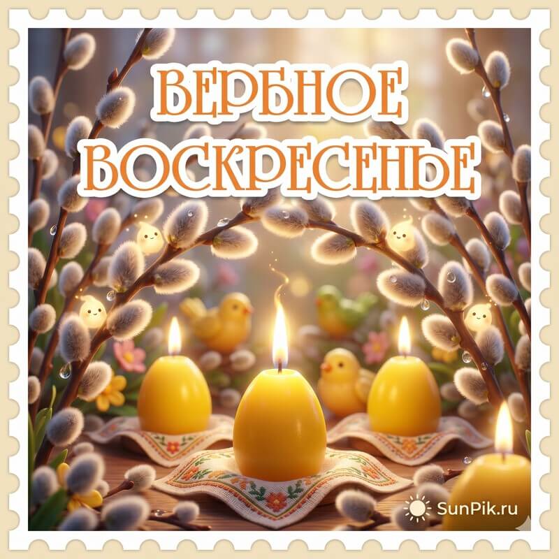 Картинка с надписью Вербное Воскресенье с горящими свечами