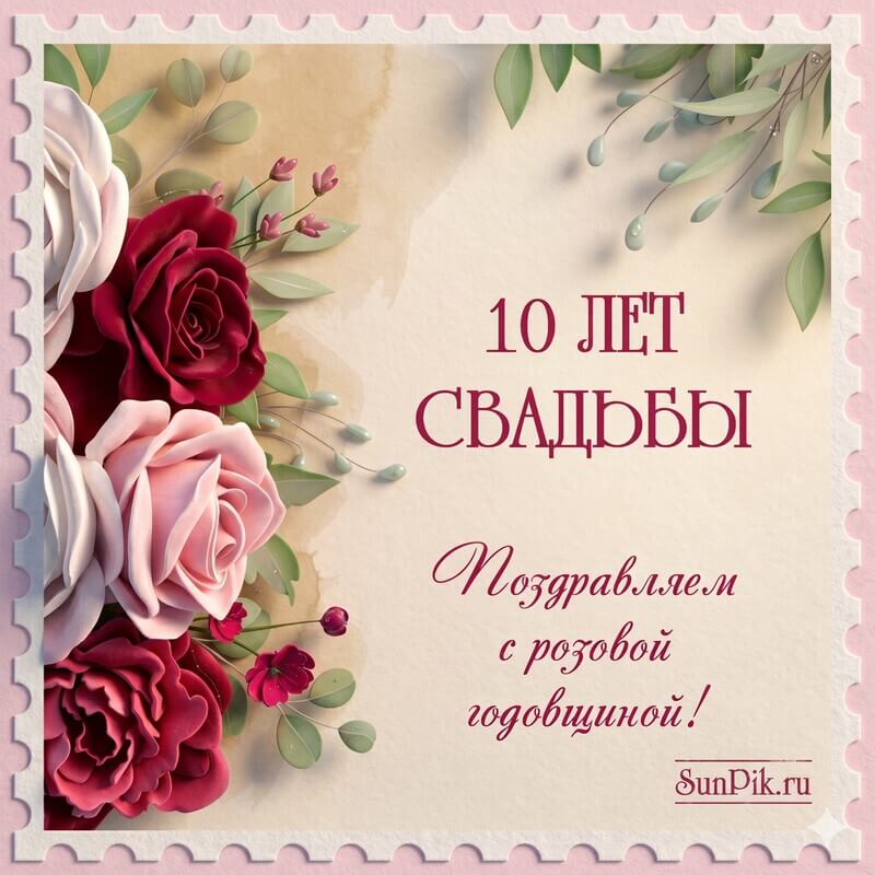 Красивая открытка 10 лет свадьбы с розами