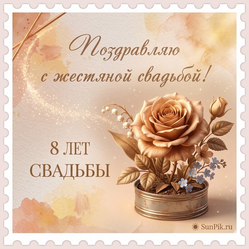 Открытка с годовщиной свадьбы 8 лет с розой в жестяной банке