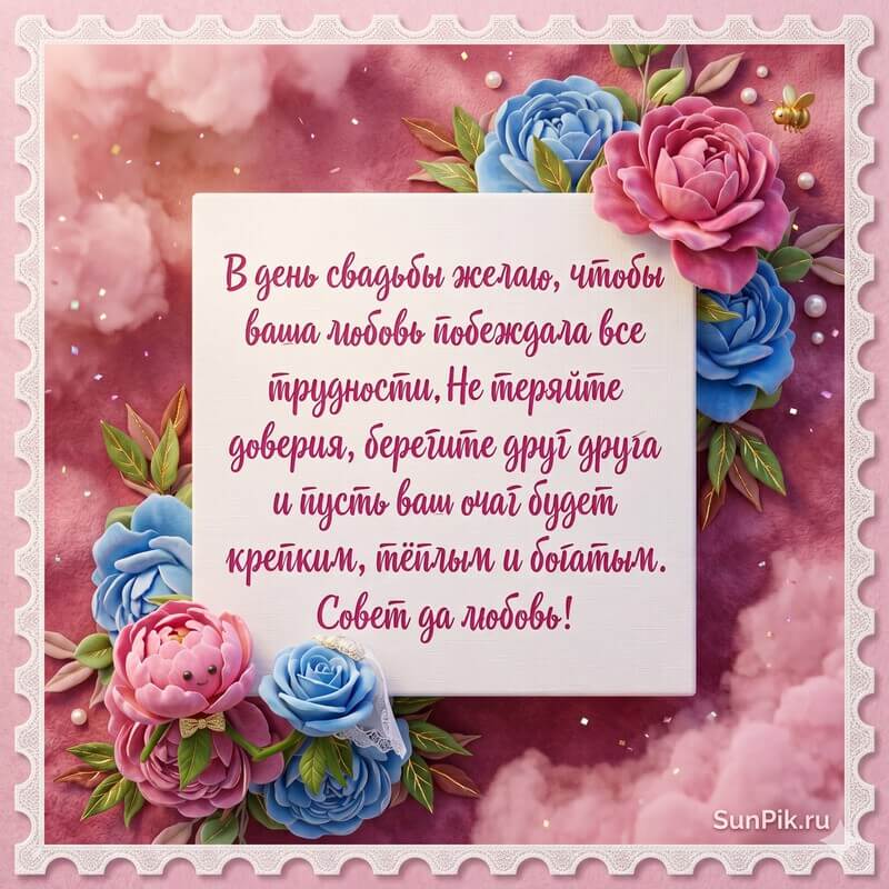 Красивая открытка с днем свадьбы с пожеланием и цветами