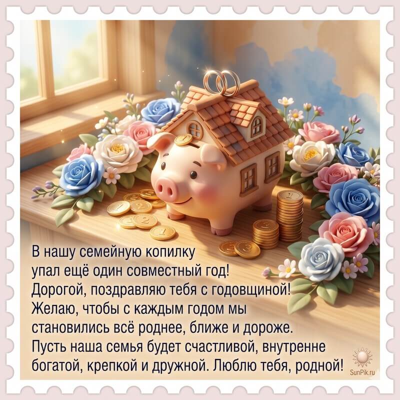 Открытка с годовщиной свадьбы мужу от жены с копилкой, цветами и поздравлением