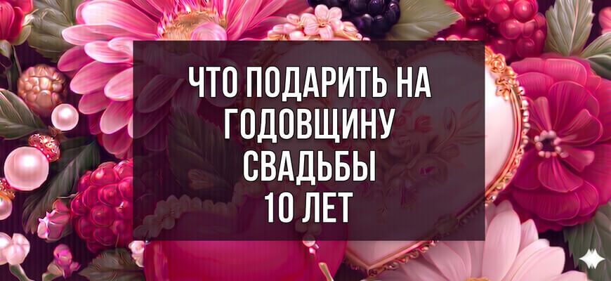 Праздничная композиция из розовых цветов, малины, ежевики и жемчуга с белым текстом: "Что подарить на годовщину свадьбы 10 лет"