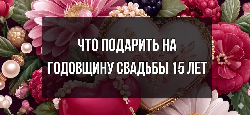 Праздничная композиция из розовых цветов, малины, ежевики и жемчуга с белым текстом: "Что подарить на годовщину свадьбы 15 лет"