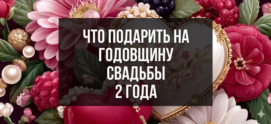 Изображение с сердечком, цветами и надписью "Что подарить на годовщину свадьбы 2 года"