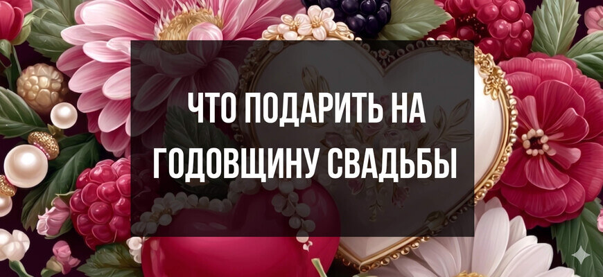 Изображение с сердечком, цветами и надписью "Что подарить на годовщину свадьбы"