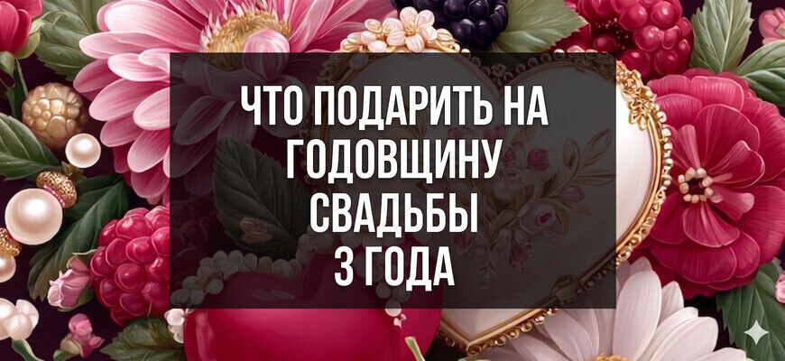 Праздничная композиция из розовых цветов, малины, ежевики и жемчуга с белым текстом: "Что подарить на годовщину свадьбы 3 года"