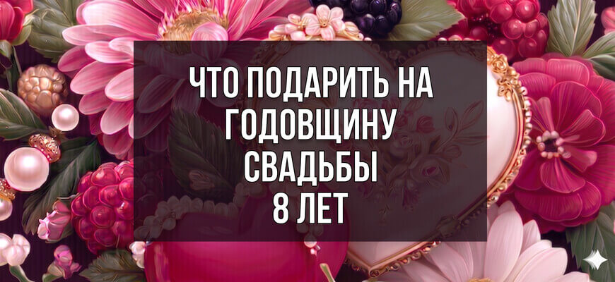 Праздничная композиция из розовых цветов, малины, ежевики и жемчуга с белым текстом: "Что подарить на годовщину свадьбы 8 лет"