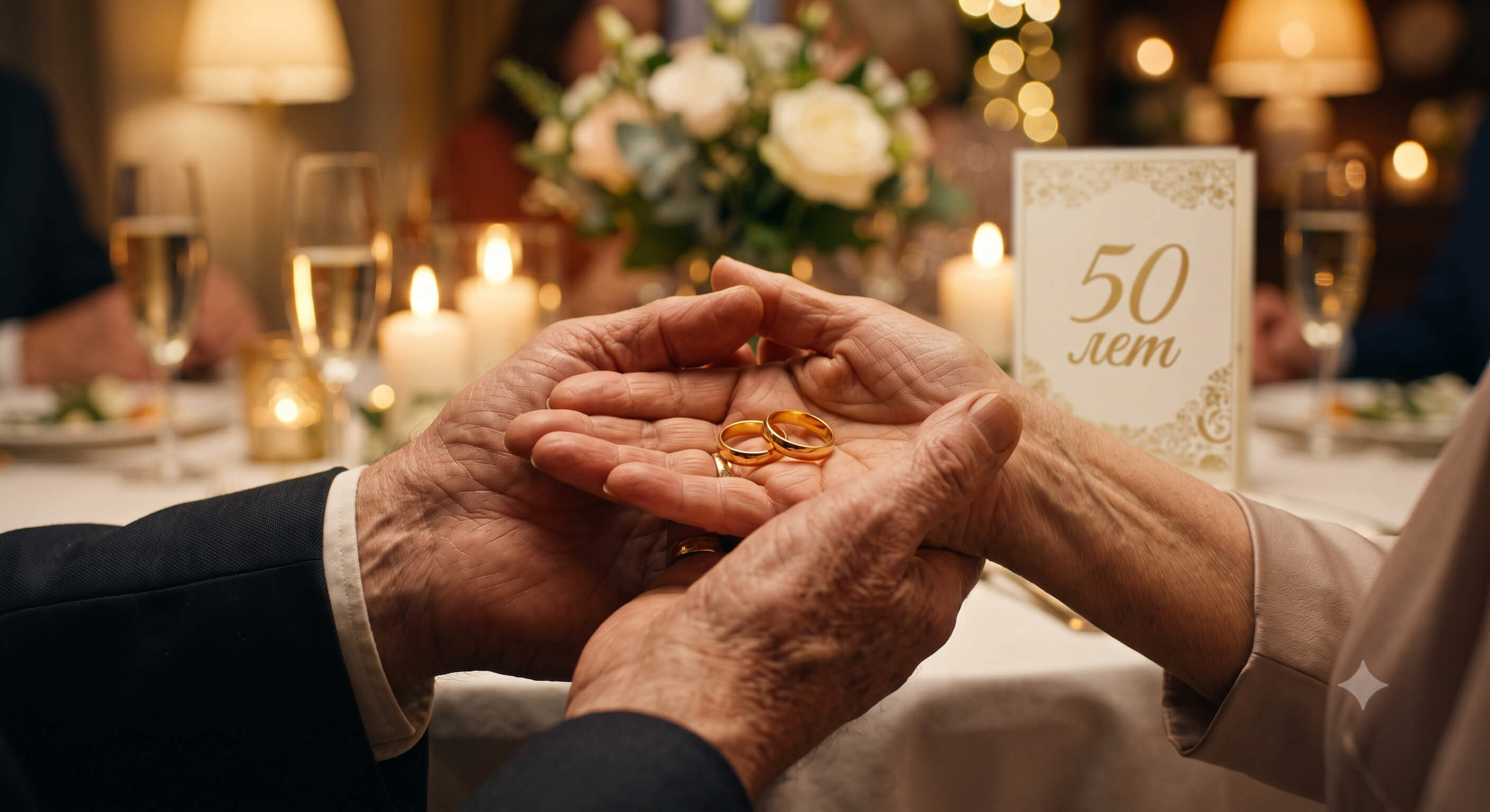 Обмен золотыми кольцами на 50 лет Пожилые супруги держат новые обручальные кольца на праздновании юбилея золотой свадьбы