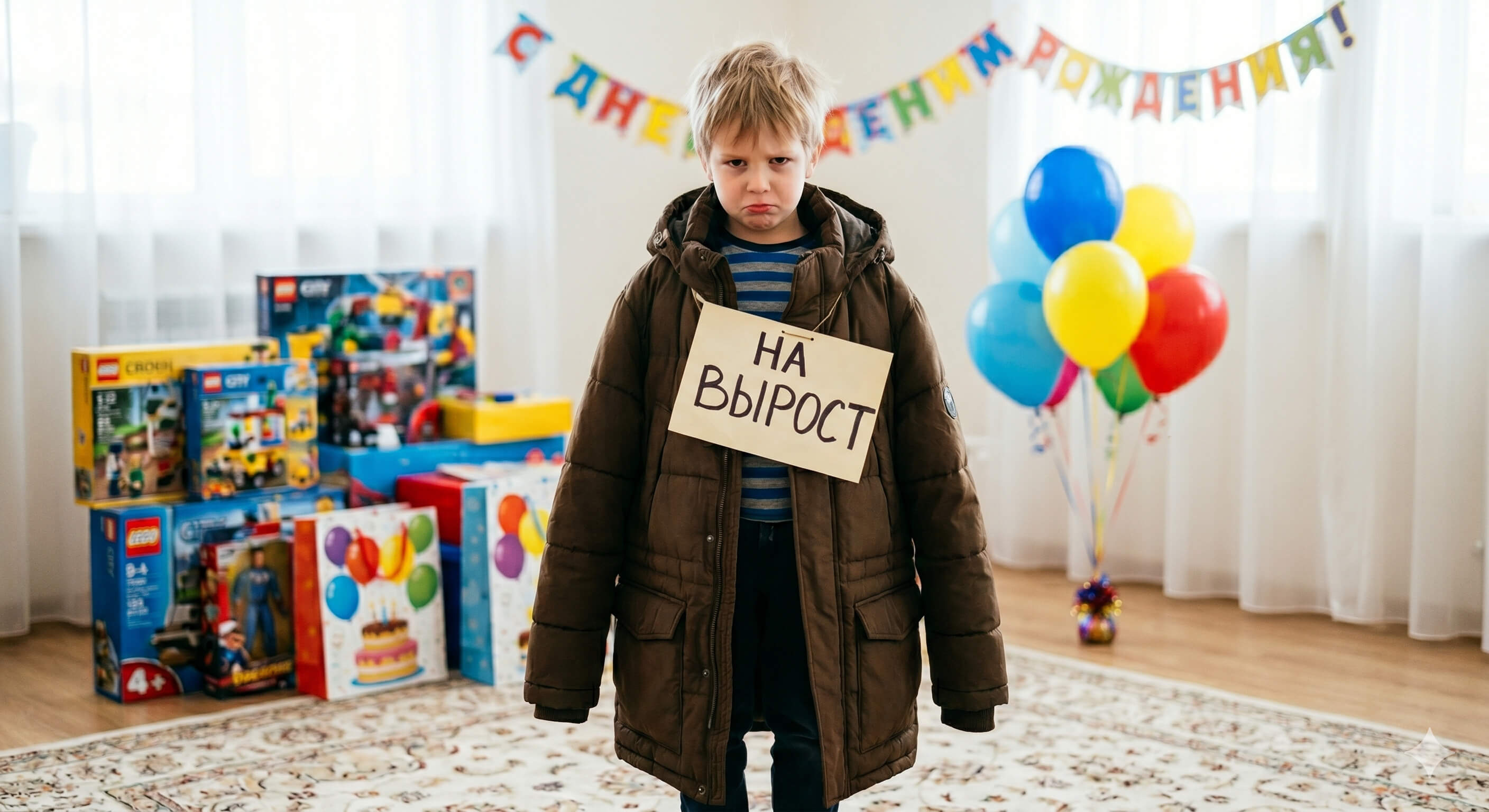 Частые ошибки при выборе подарка крестнику Разочарованный мальчик в огромной куртке на вырост вместо ожидаемой яркой игрушки