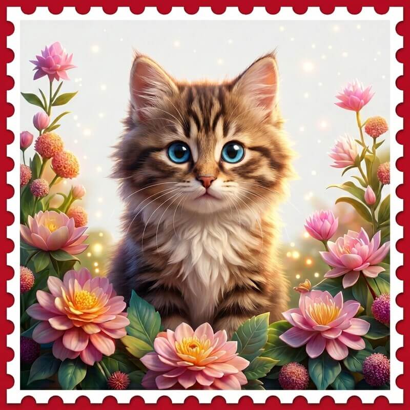 Котенок с голубыми глазами среди розовых цветов Полосатый котенок с голубыми глазами сидит среди розовых цветов на красном фоне