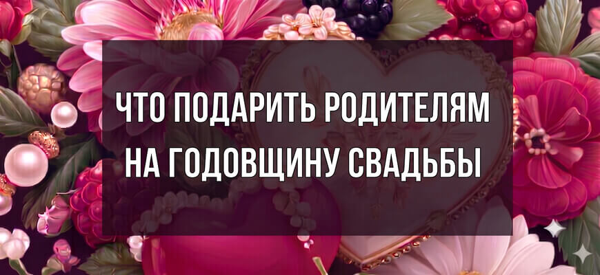 Праздничная композиция из розовых цветов, малины, ежевики и жемчуга с белым текстом: "Что подарить родителям на годовщину свадьбы"