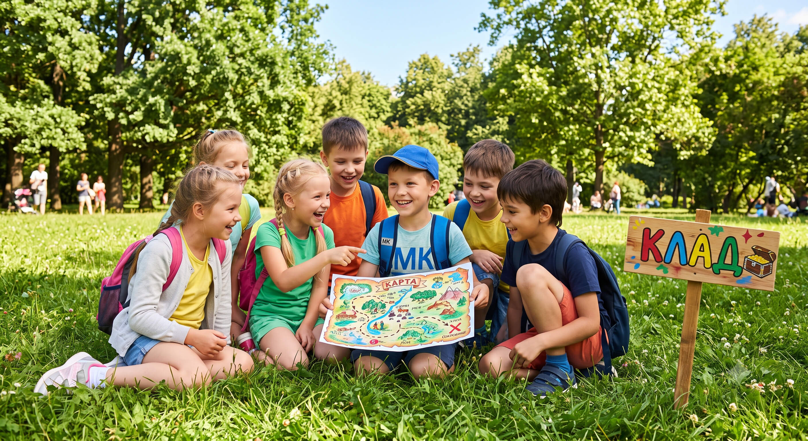 Дети 8-9 лет с интересом изучают карту во время уличного квеста по поиску сокровищ