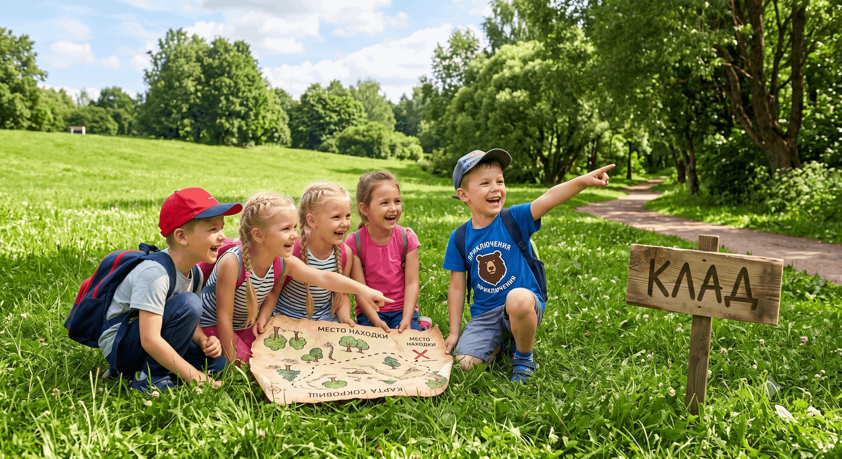 Дети 5-7 лет ищут сокровища по карте во время активного уличного конкурса