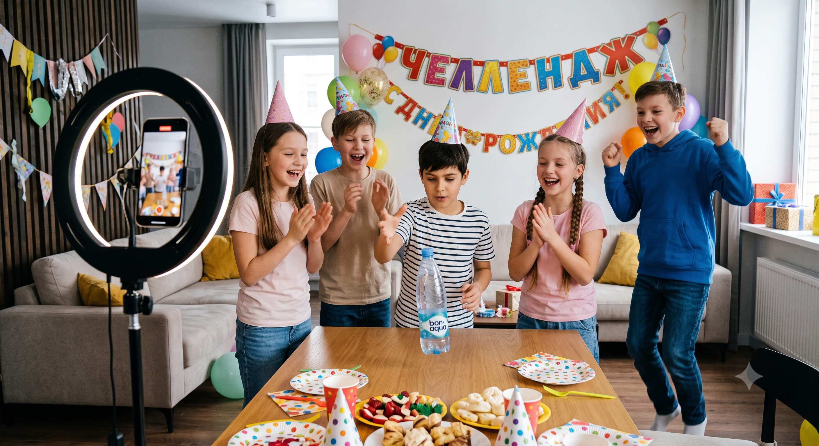 Конкурсы тренды для детей Дети 10-12 лет снимают бутылочный челлендж на смартфон во время дня рождения