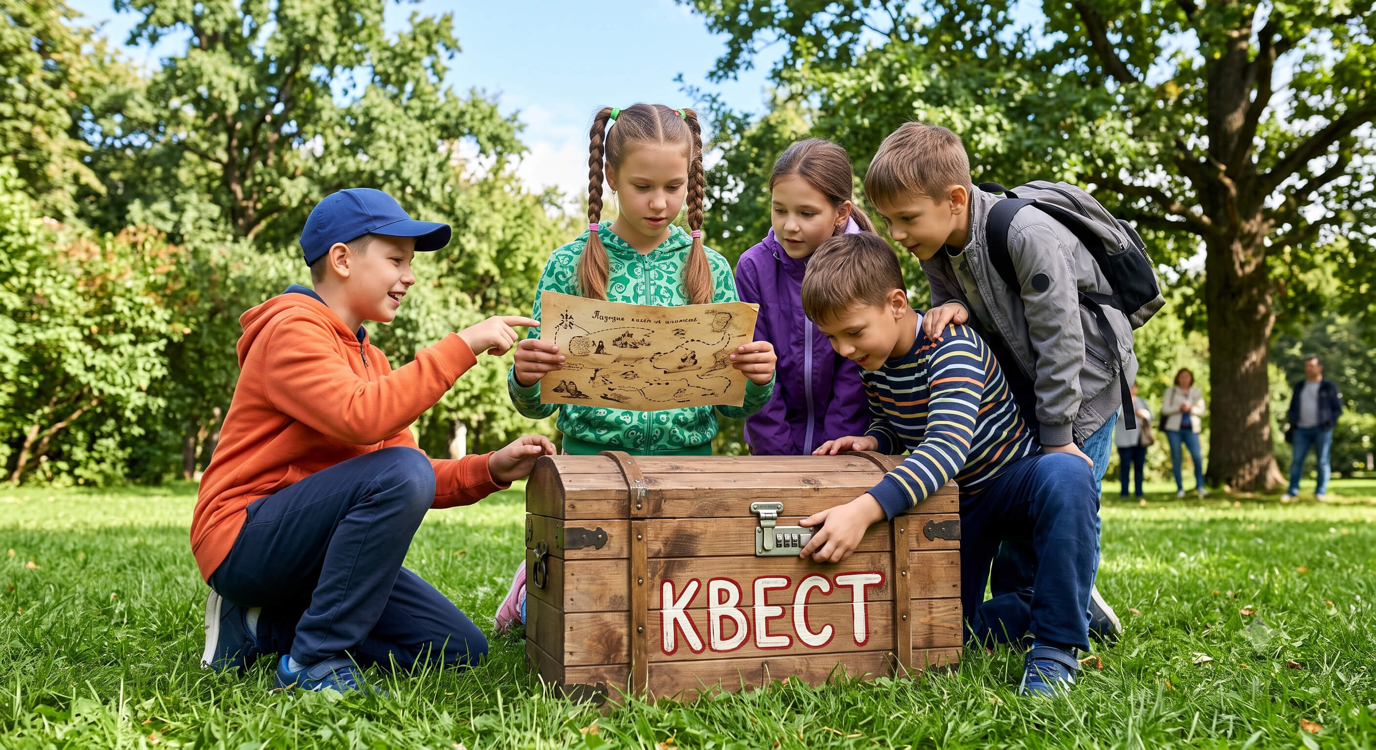 Поисковый квест на природе Дети разгадывают квест с деревянным сундуком и картой-подсказкой на свежем воздухе