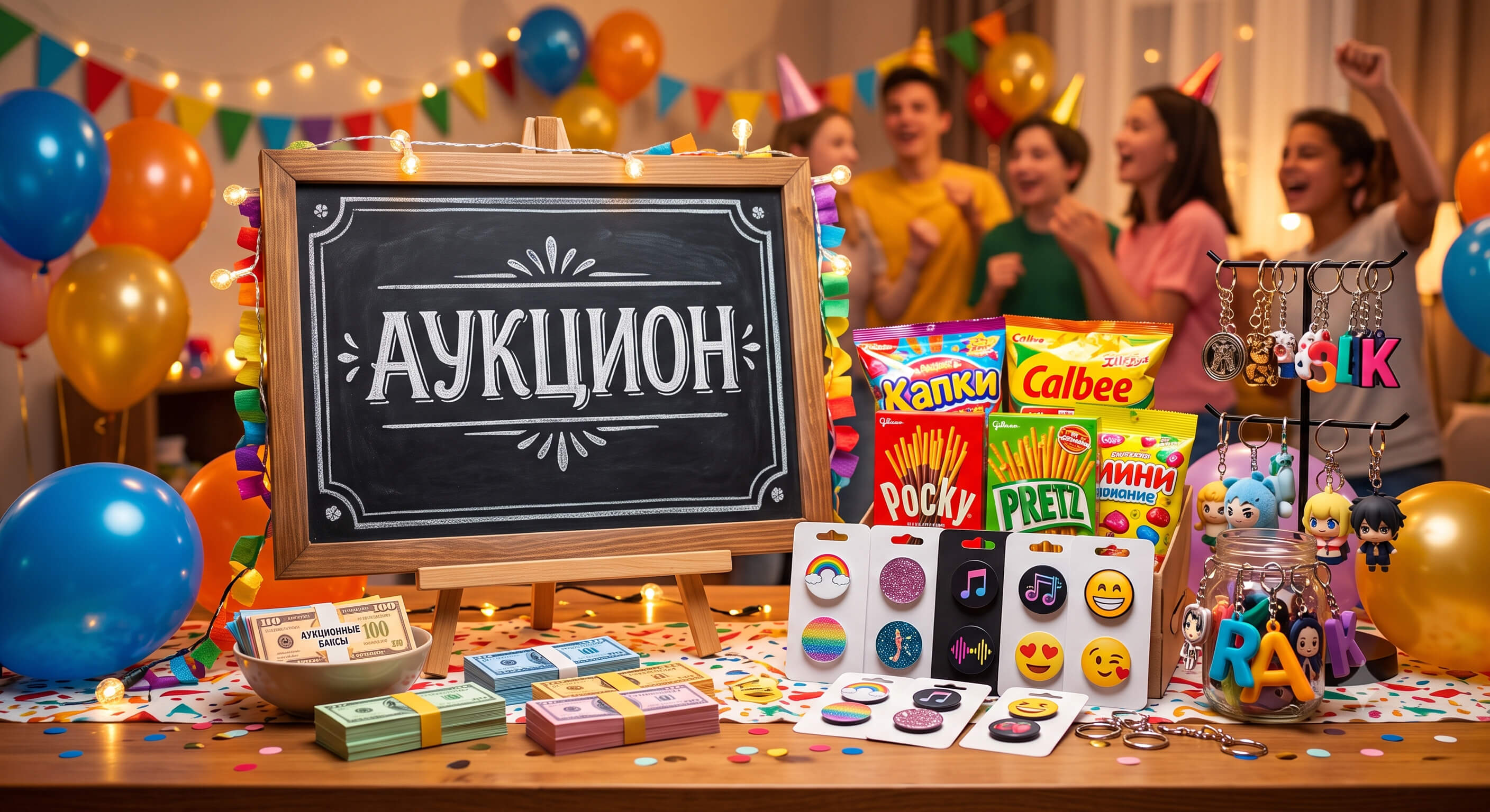 Призы для детских конкурсов Праздничный стол с трендовыми призами и игровой валютой для детского аукциона