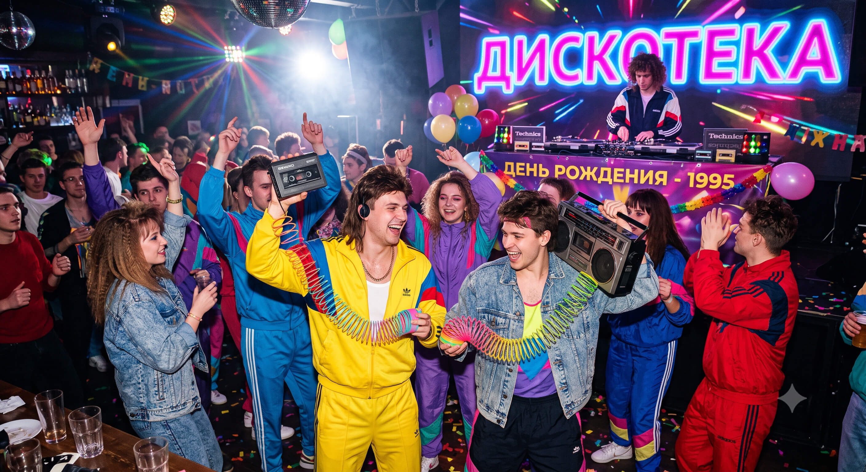 Сценарий вечеринки в стиле 90-х годов Гости в ярких спортивных костюмах веселятся на тематической дискотеке в стиле девяностых
